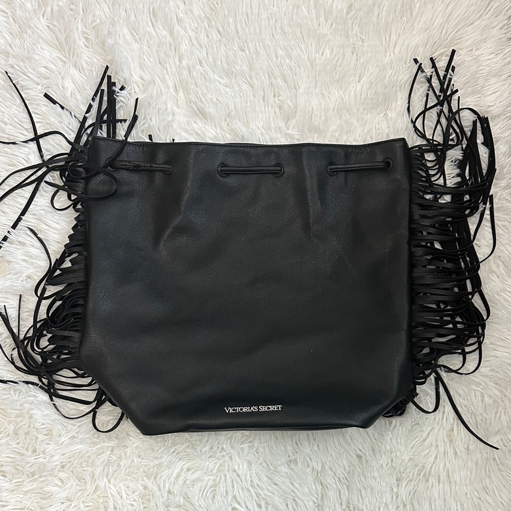Victoria's Secret Black Fringe Drawstring Tote Bag